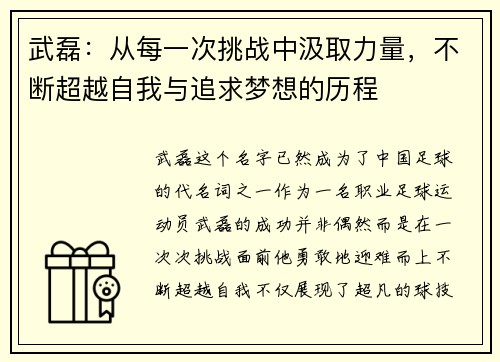 武磊：从每一次挑战中汲取力量，不断超越自我与追求梦想的历程